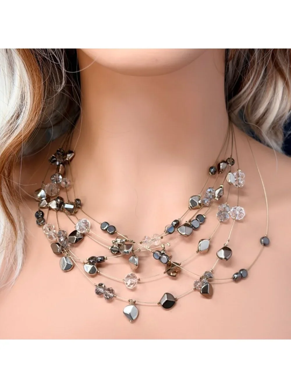 Vintage Chicos Silana Illusion Necklace Multi Strand Hematite Beads Y2K‎ Jewelry
